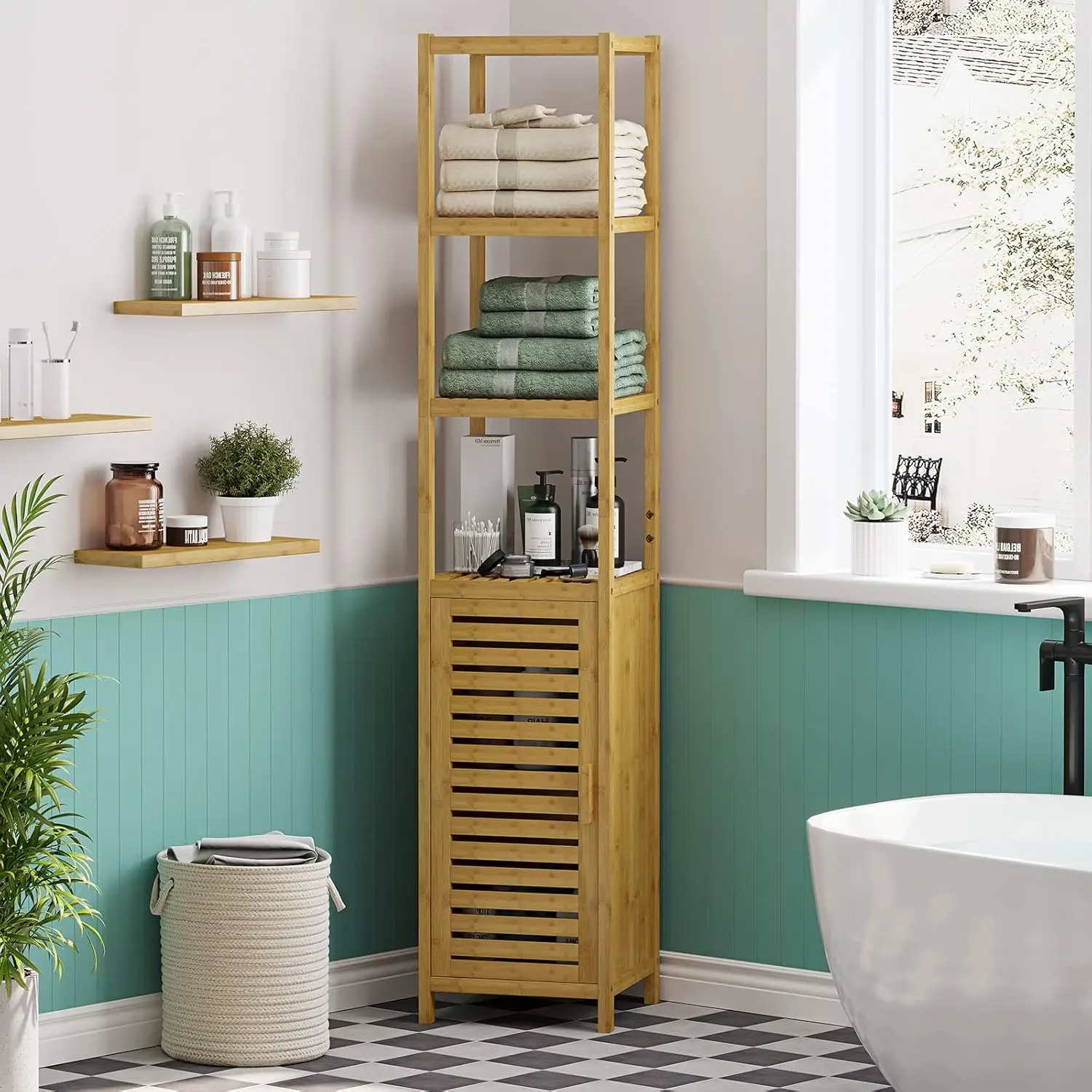 Storage Tall Slim Cabinet with Shutter Door and 3 Tier Shelves, Freestanding Linen Tower Cabinet for Living Room, Kitchen, Bathr