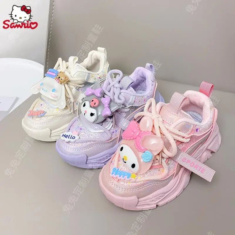 

Мультяшные Sanrios Kuromi Cinnamoroll Kawaii милые осенние и зимние кроссовки для девочек Светящиеся в темноте плюшевые кроссовки для бега детский подарок