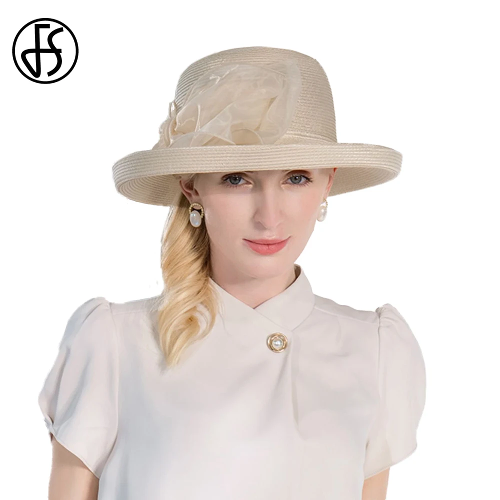 

FS Summer Elegant Sun Visor Hats For Women Wedding Church Curl Brim Sombreros With Bowknot UV Protection Beach Cap 2024 Fedoras