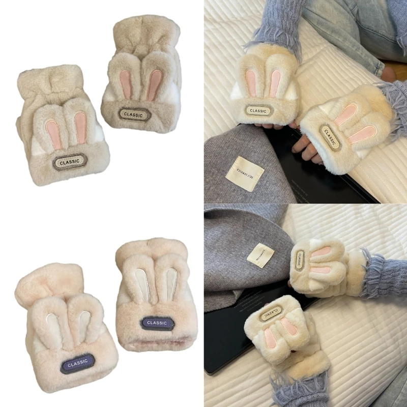 

Soft Adult Winter Gloves Convertible Flip Half&Full Finger Lovely Rabbit Ear Mittens with Flip Cover for Cycling Typing