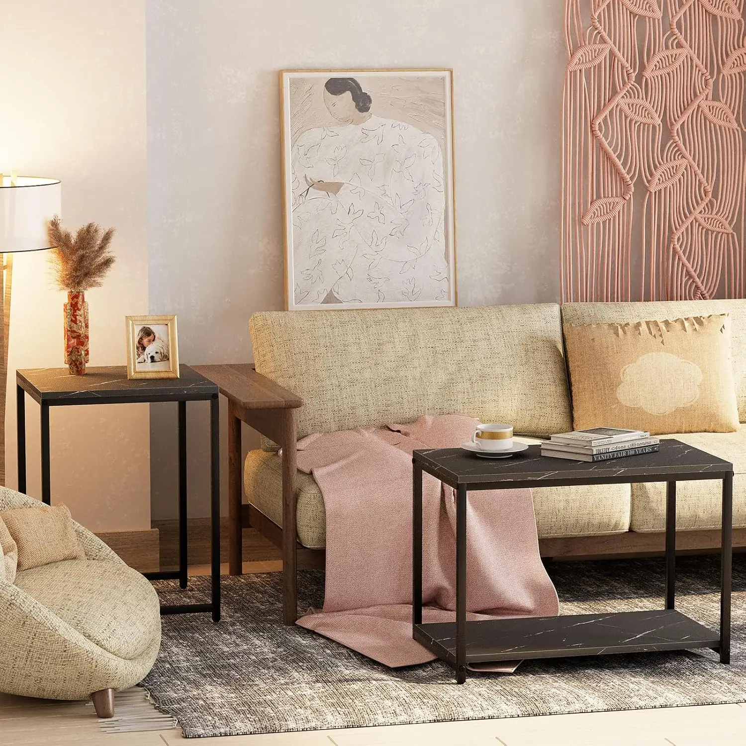 Coffee Table , Modern Design for Living Room & Bedroom, Faux Marble Center Table with Storage, Set of 2 Nesting Side Tables 6