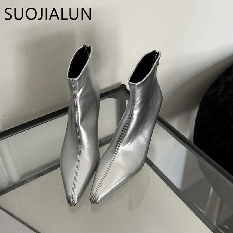 

SUOJIALUN Women Pointed Toe Chelsea Boots Thin High Heel Back Zipper Ladies Elegant Short Boots Shoes Fashion Sliver Ankle Boots