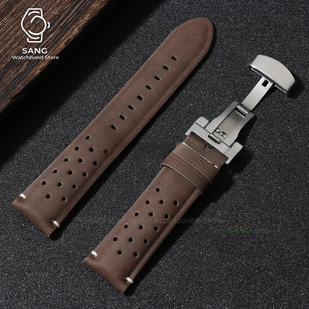 Vintage Brown Leather Strap with Butterfly Buckle - Breathable Business Watch Band Bracelet in Matte Finish