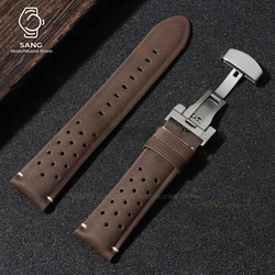 Vintage Brown Leather Strap with Butterfly Buckle - Breathable Business Watch Band Bracelet in Matte Finish - 22mm (Dark Brown - SV)