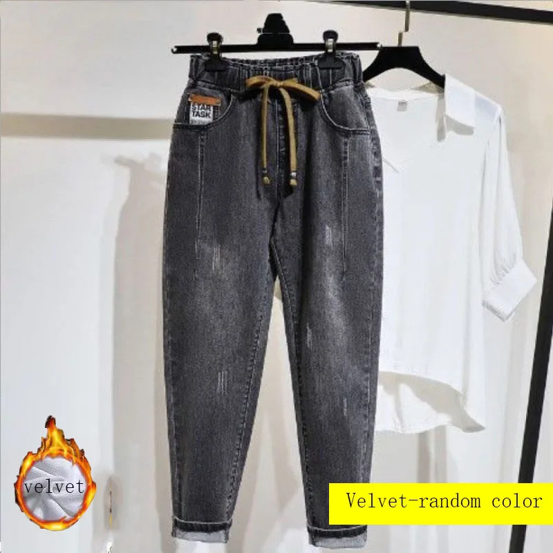 zara jeans High Elastic Waist Hemming Boyfriend Loose Ripped Harem Jeans Mom Light Blue Cuffed Casual Ankle length Capris Baggy Denim Pants jeans pant Jeans