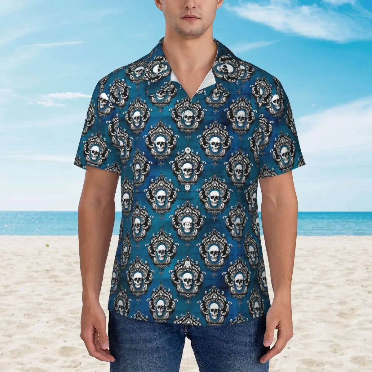 

Gothic Skull Casual Shirt Hipster Modern Vintage Summer Shirts Mens Short Sleeve Beach Streetwear Custom Oversized Blouses