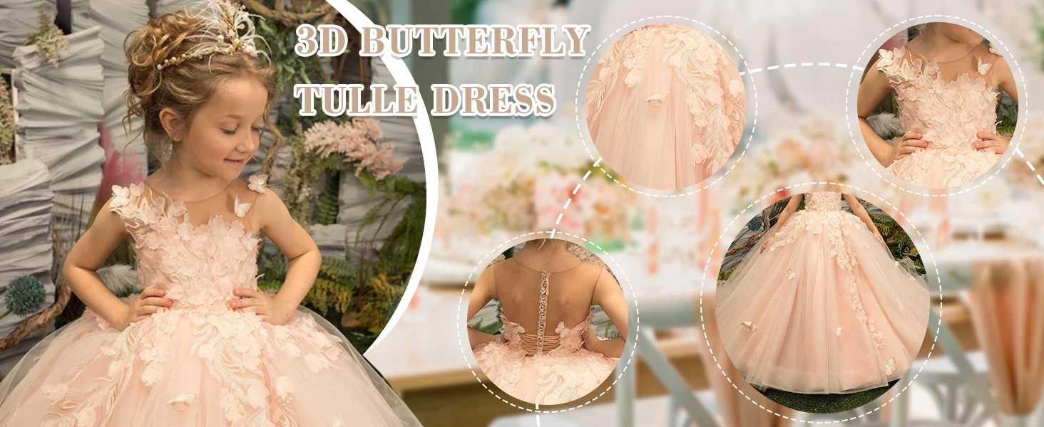 3D Butterfly Applique Dress Flower Girls Dresses Lace Tulle Pageant Dress for Girls Birthday