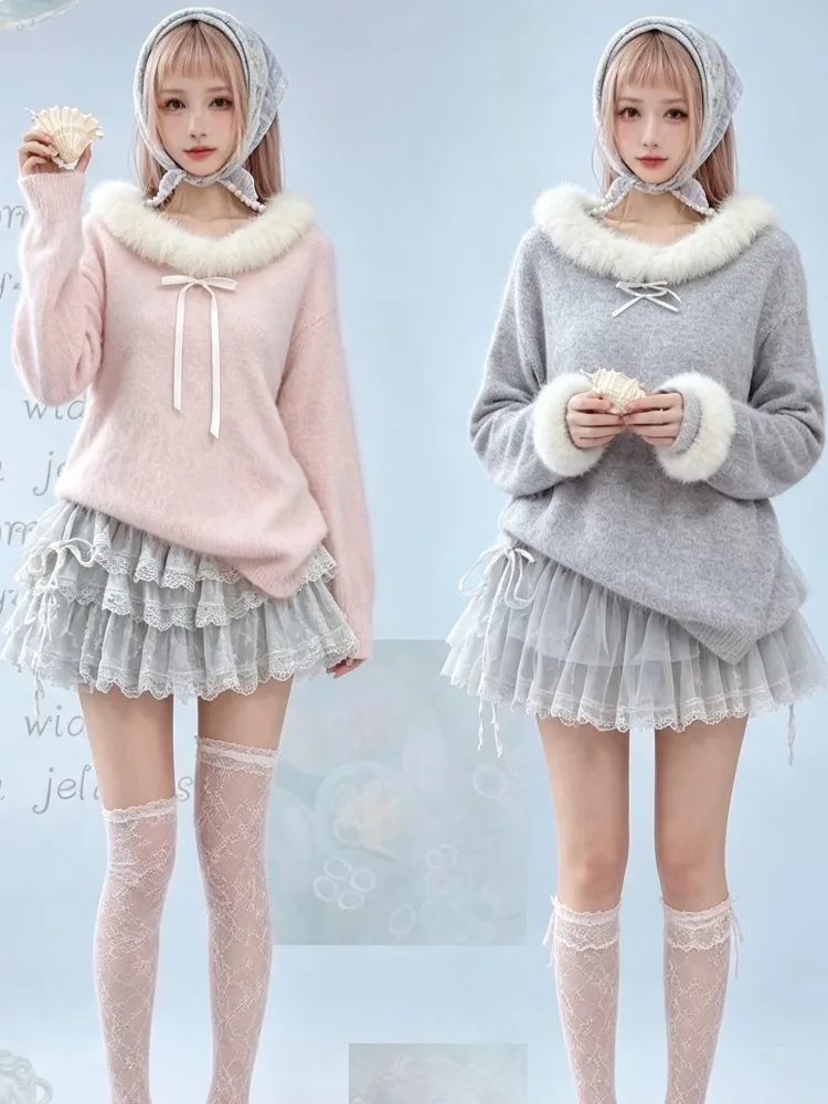 Harajuku Preppy Coquette Women Vintage Off Shoulder Knit Sweater Bow Y2K Lolita Long Sleeve Slim Pullover Aesthetic Party Outfit