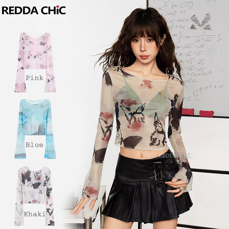 

Женская Прозрачная Футболка REDDACHiC с длинным рукавом, сетчатый пуловер с круглым вырезом и оборками в ретро стиле, топ, одежда Grayu Y2k