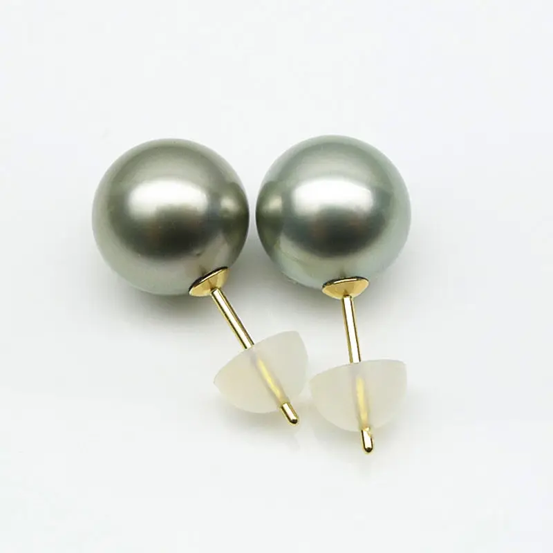 

Free Shipping 18K Yellow Gold Gray Green Tahitian Sea Cultured Pearl Stud Earrings 10-10.5MM