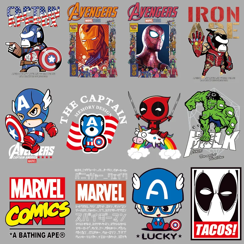 

Disney Marvel Avengers superhero Spiderman Hulk Iron Man Deadpool Cartoon Iron on Heat Transfer Patches Garment Decor Stickers