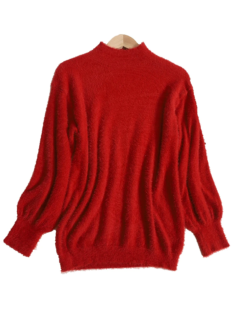 

Women Loose Casual Half High Neck Long Sleeve Solid Color Plush Tops Pullover Autumn Winter Mohair Knitted Sweater Jumper Tops