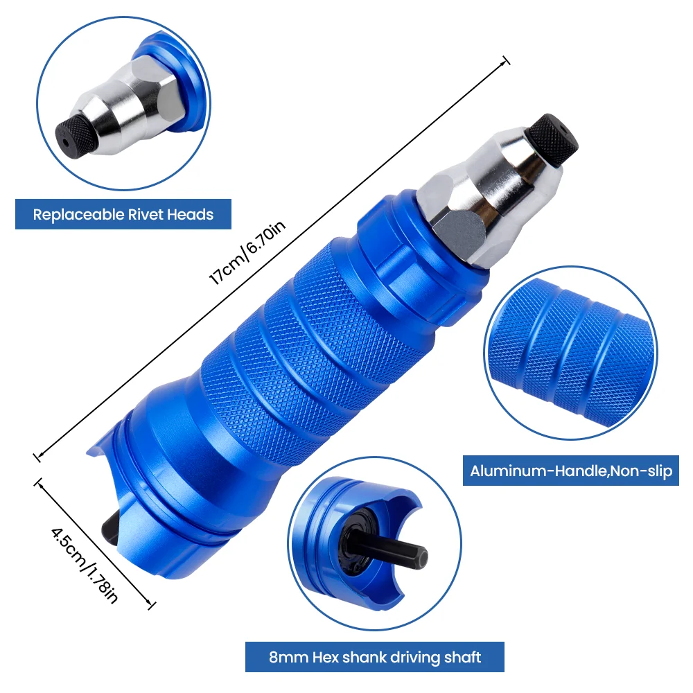 Blue Aluminum Alloy Cordless Electric Rivet Nut Gun Tool Set with Attachments  2.4/3.2/4.0/4.8mm DIY Automotive Hex Shank Nozzle 5