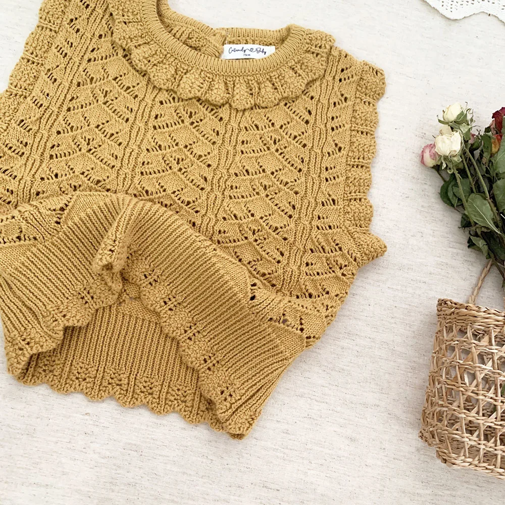 deer jonmi Spring Korean Style Baby Girls knitted Hollow Out Vests Sleeveless Pullovers Tops Ruffles Kids Cotton Waistcoats