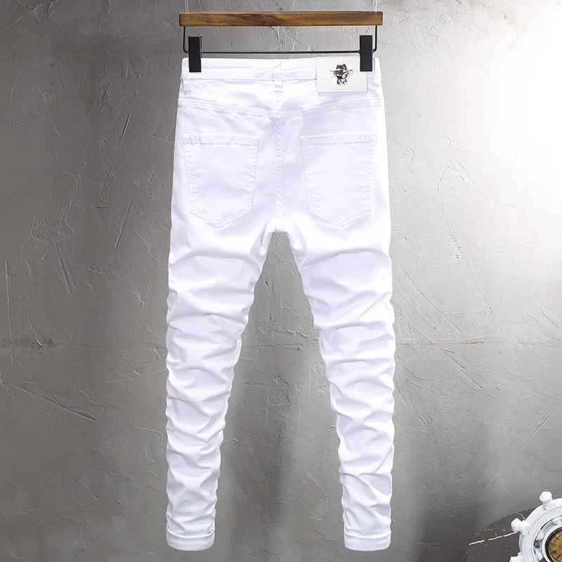 High Street Fashion Men Jeans White Elastic Stretch Skinny Ripped Jeans Men Beading Patch Designer Hip Hop Denim Pencil Pants