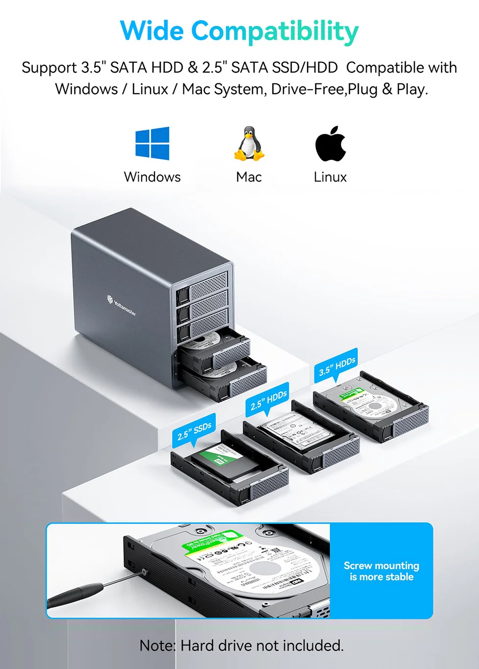 요타마스터 2/4/5 베이 HDD SSD 인클로저 150W 타입 B USB 3.0 SATA 도킹 스테이션 90TB 3.5인치/2.5인치 하드 드라이브 도크 (PC, 노트북, NAS용)