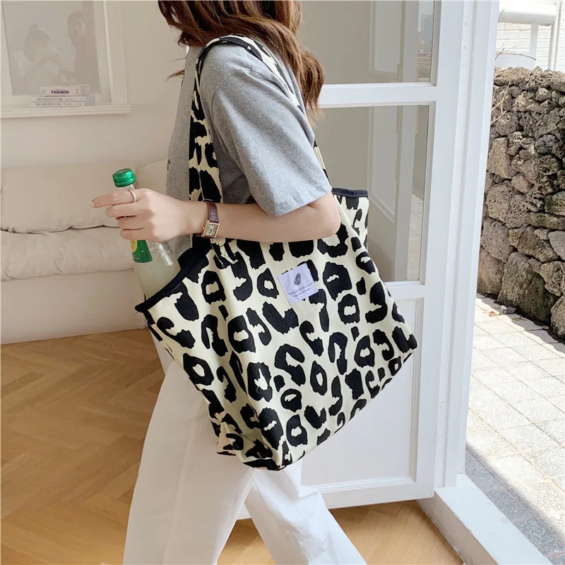 

New 2023 Shopping Bag Bolsa Mujer Korean Chic Big Casual Tote Bag Leopard Shoulder Bag Ladies Canvas Bag