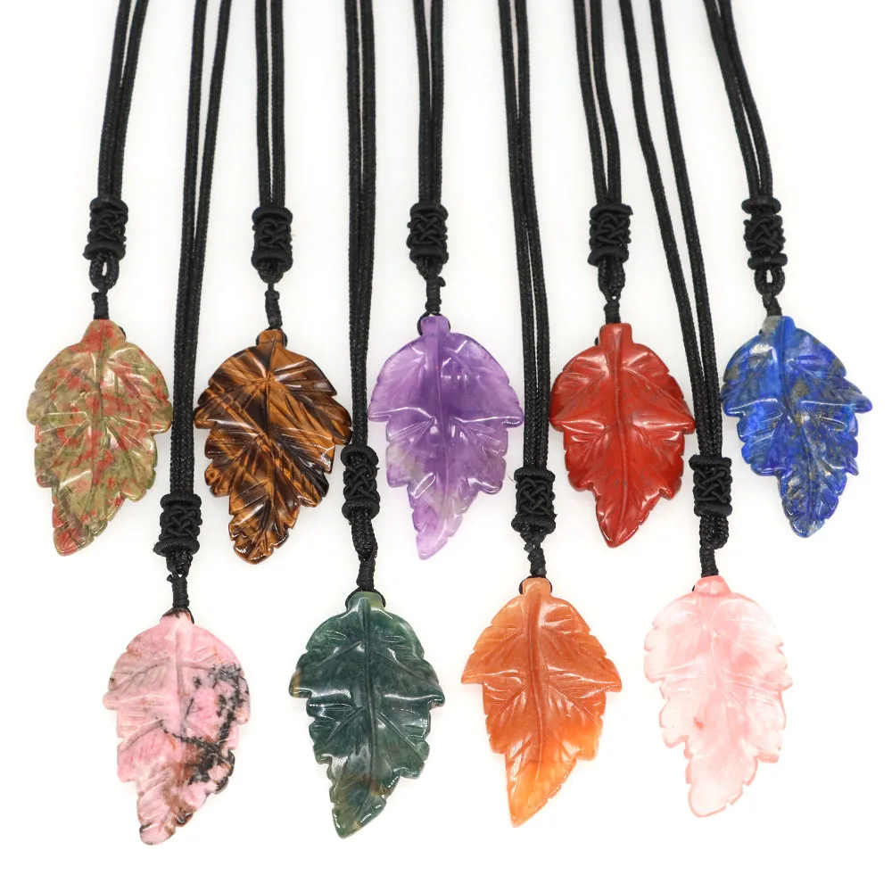 Natural Stone Leaf Pendant for Women Reiki Quartz Energy Gemstone Healing Crystal Carving Necklace Charm Jewelry Christmas Gift