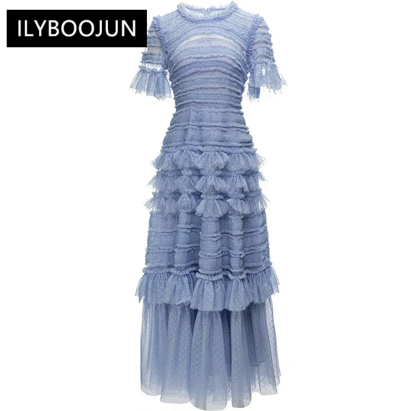 

Dresses For Women 2023 Luxury Light Blue Vintage Mesh Dress Women's O-neck High Waist Cascading Ruffles Polka Dots Long Dress