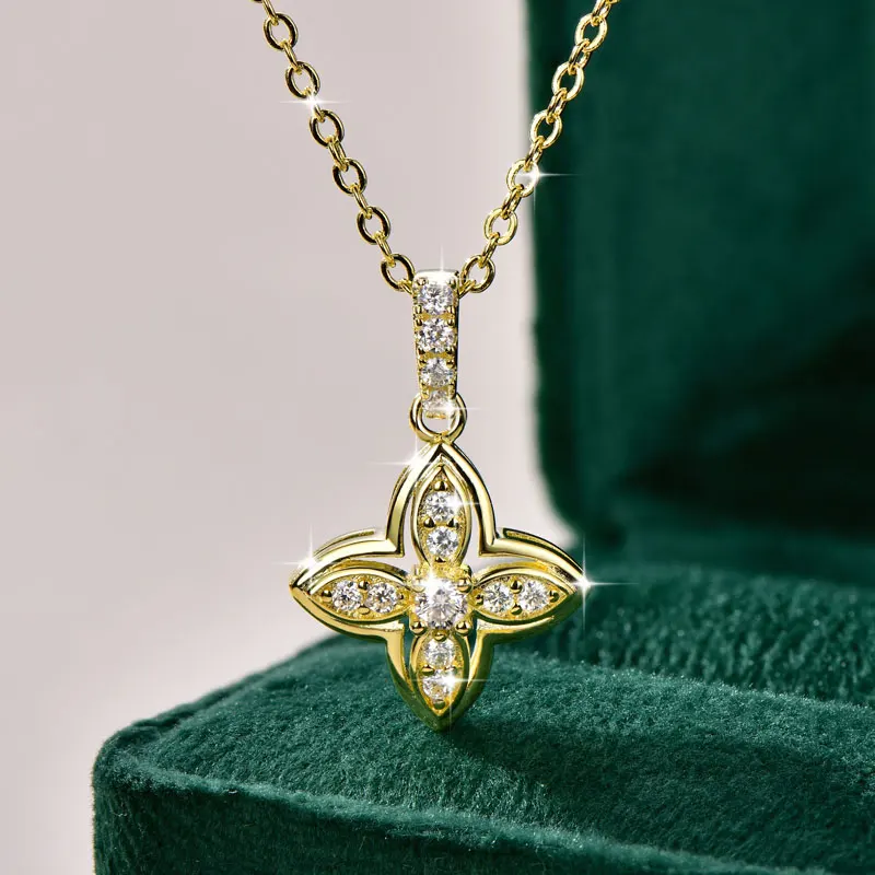 OXTAO Runde Moissanit-Halskette mit vierblättriger Blume für Damen, Kleeblatt-Anhänger-Halskette, Hochzeit, Party, Schmuck, 14 Karat Gold gefüllte Kette – Detail 7