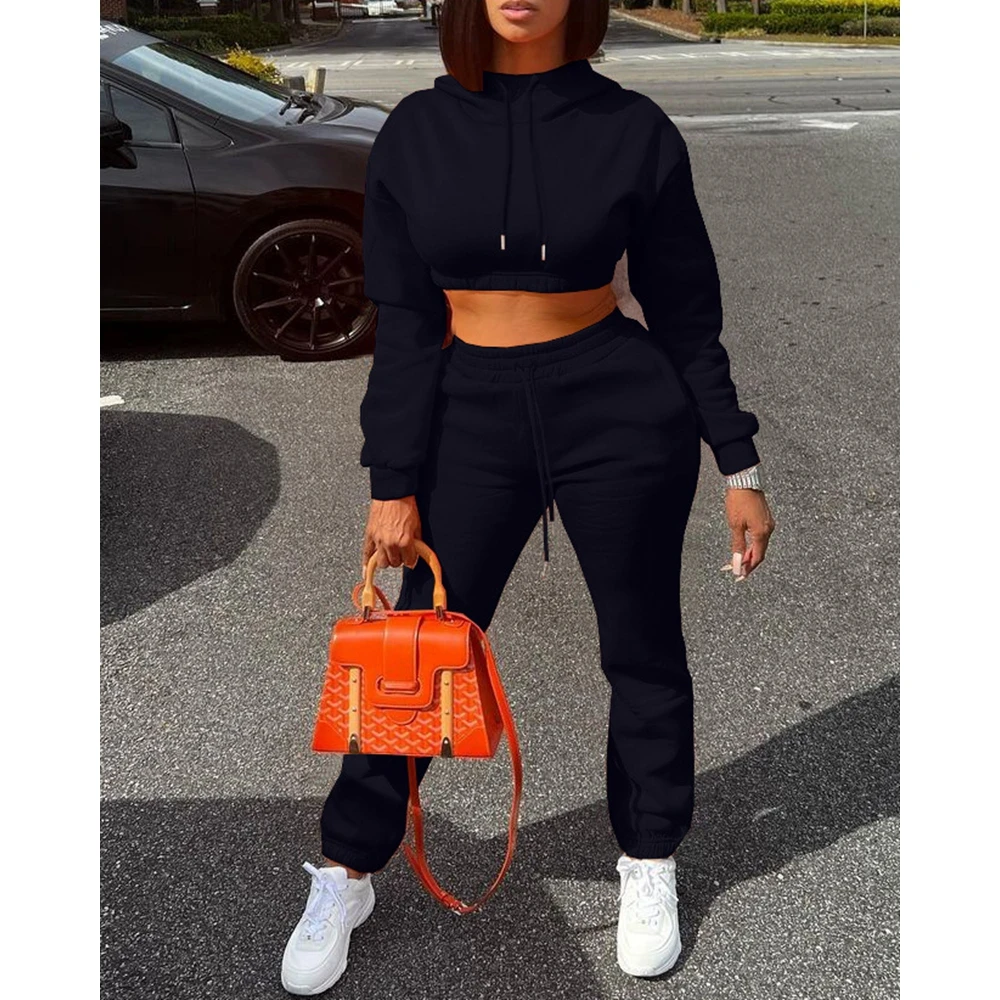 

Autumn Hooded Cropped Top Sweatshirt & Cuffed Pants Set Women Y2k Casual Sporty Long Sleeve Two Pieces Sets Tracksuit Outfits