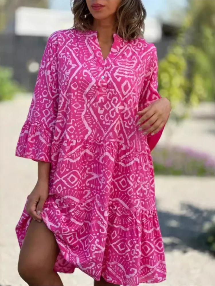 

Casual Loose Boho Print Dress For Women Flare Sleeve Cake Patchwork A Line Dress Elegant Holiday Dresses Women's Clothing
