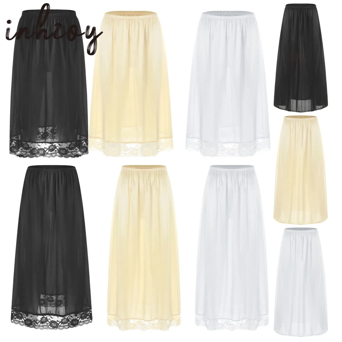 Women Girls Lace Underskirt Ice Silk Smooth Anti-glare Skirt Petticoat Under Dress Long/Short Safety Skirt Half Slip Dress for Petticoat Skirt,Half Slip Skirt