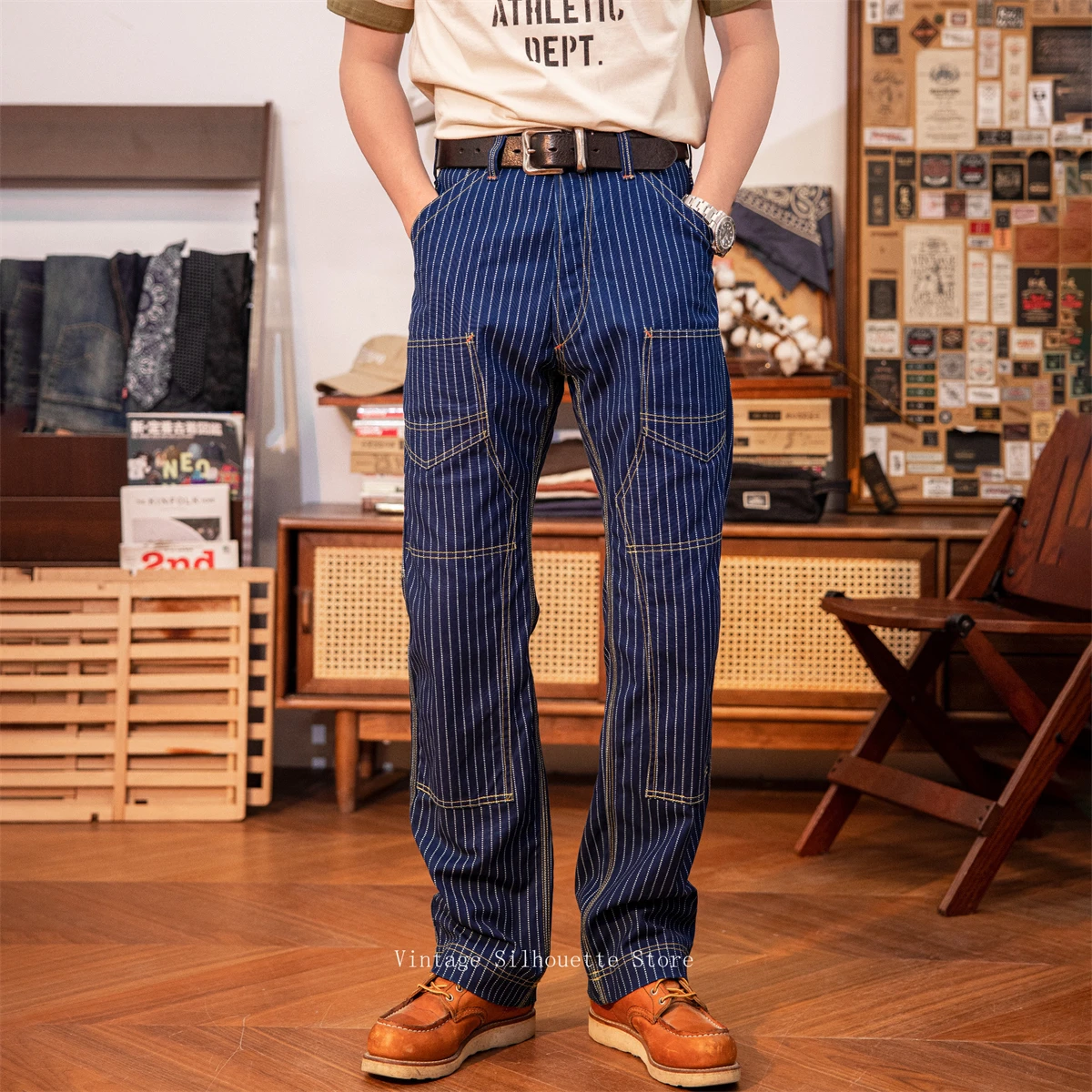 Red Tornado Double-Front Indigo Wabash Stripes Canvas Pants