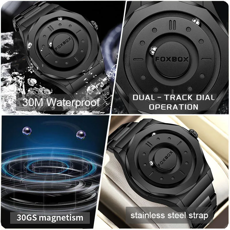 FOXBOX New Rolling Pointer Magnetic Force Waterproof Watch For Men Black Stainless Steel Sport Men Quartz Watches Reloj Hombre