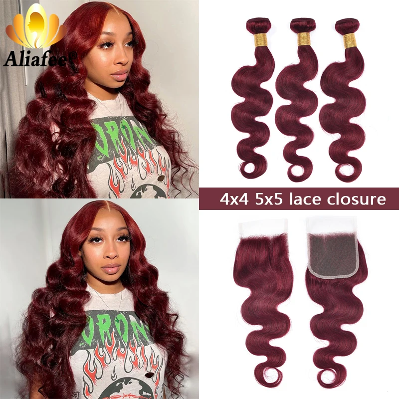 

Brazilian Hair Burgundy Body Wave Bundles With 5x5 Closure Dark Burgundy Human Hair Bundles With Closure 10A Remy Hair Bundles