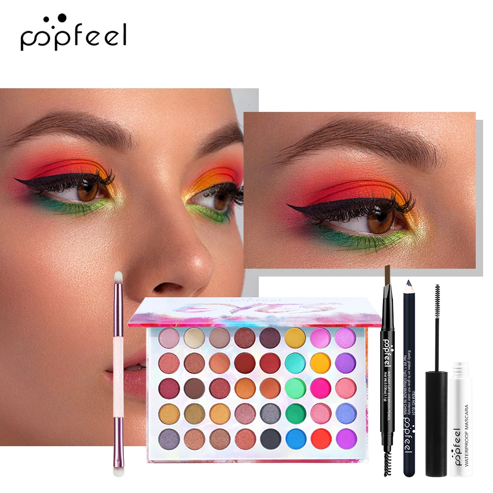 POPFEEL Lidschattenpalette mit 40 Farben, inklusive Pinsel, Eyeliner, Augenbrauenstift und Mascara. Perfekt für Make-up-Anfänger._voghion.com