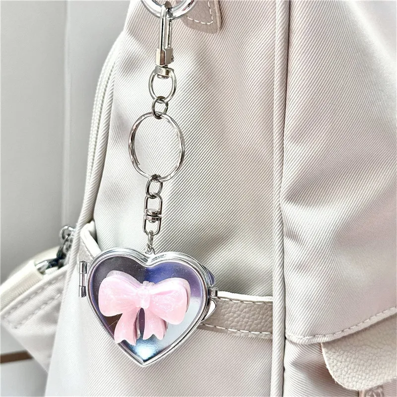 New Heart Shape Bow Folding Mirror Keychain Charm Double Sided Love Cosmetic Mirror Key Holder Y2K Bag Pendant Trendy Decor 5