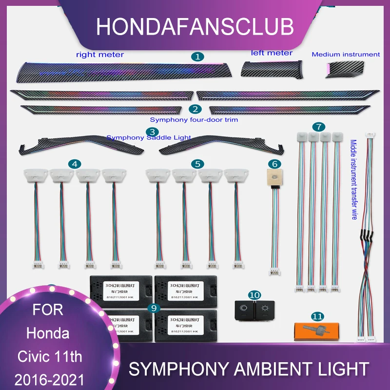 

For Honda Civic 10th 2016-2021 Interior Glow Neon Lighting Decorative Lights Ambient Atmosphere Lights Door Panel Illuminate