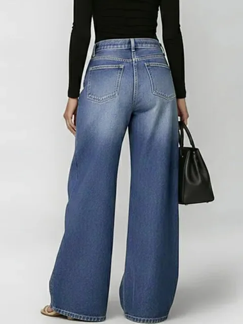Missuoo Women's Washed Blue High-Waist Metal Grommet Wide Leg Jeans 2026 Casual Loose Fit Streetwear Pants Casual Trousers 2