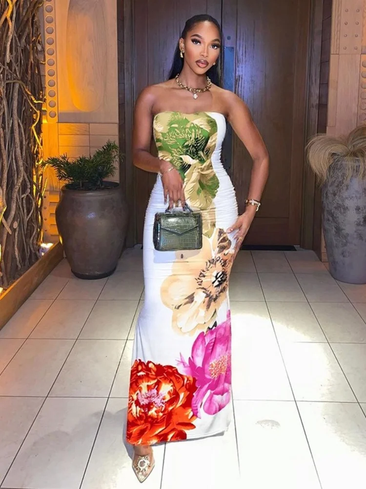 Wmstar Dresses for Women Wholesale Off Shoulder Floral Print Bodycon Stretch New Style Strapless Summer Long Dress 2025