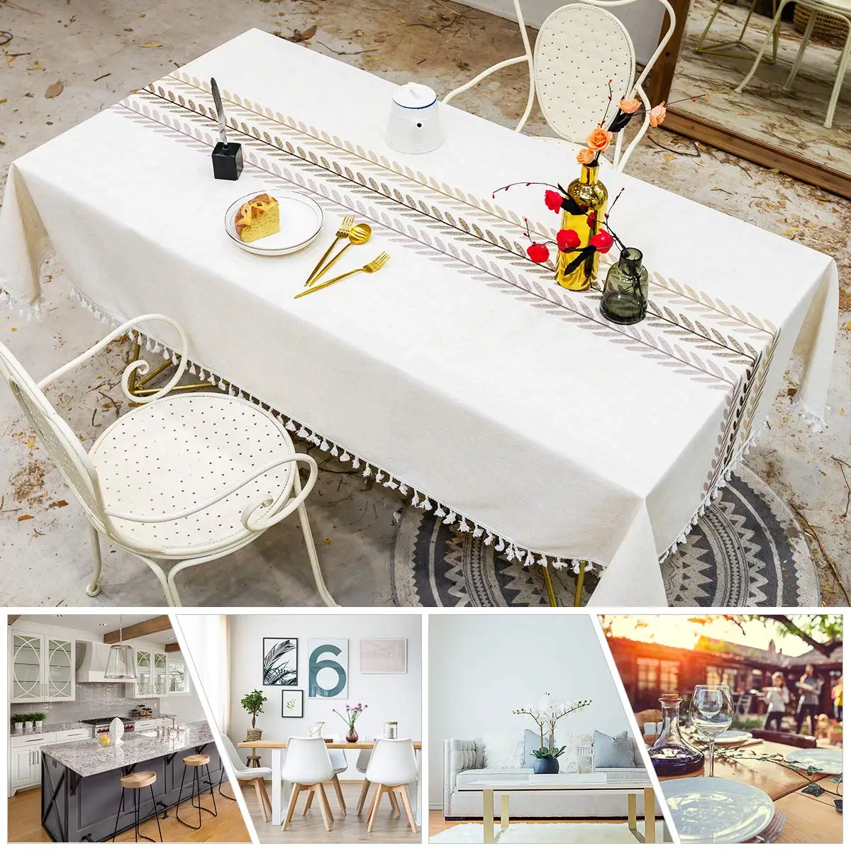 Tablecloth, waterproof embroidered leaf tablecloth with fringe, kitchen dining party holiday wrinkle free table cover