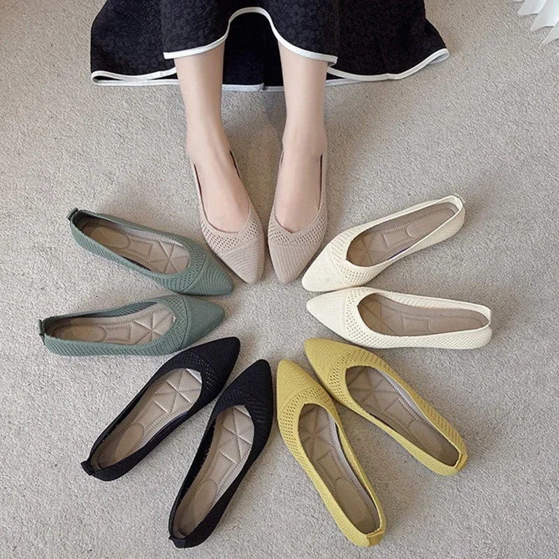 Solid Colour Knitting Flat Shoes for Women Fashion Female Casual Ballet Flats Footware Breathable Mesh Comfort Loafers 2025