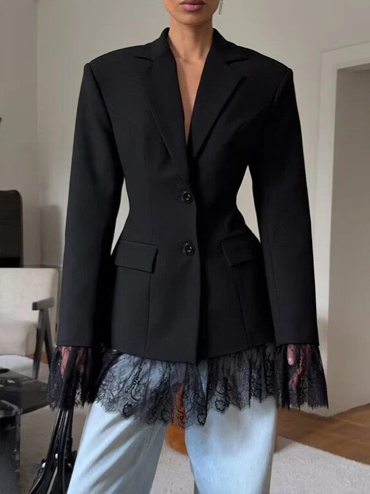 Elegant Lace Splice Blazer Coat Women Fashion Office Long Sleeve Single Breasted Jackets 2026 New Spring Black Casual Blazers
