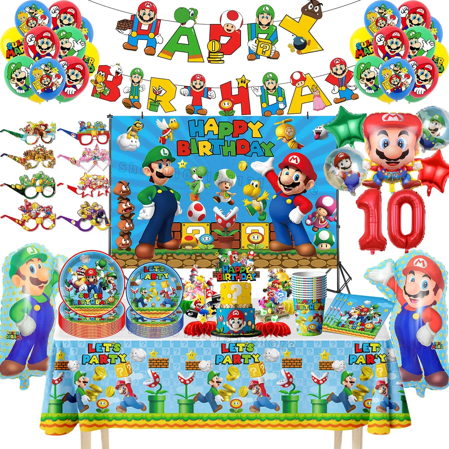 Super Marios Bros Birthday Party Decoration Game Figure Dinner Plate Banner Cake Topper Numer Balloon Set Anime Stoviglie A Tema