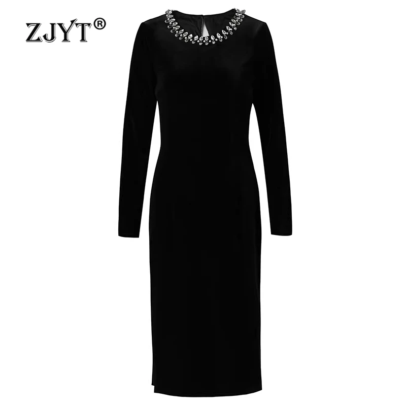 

ZJYT Luxury Diamonds Black Velvet Dresses for Women Elegant Cocktail Party Dress Long Sleeve Spring Vestidos 2024 Fashion Robe
