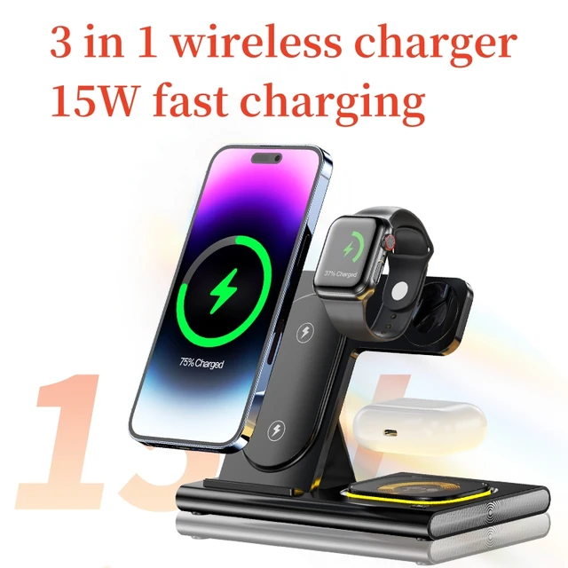 15W Folding Wireless Fast Charger Dock Station For iPhone 15 14 13 12 Apple Watch AirPods Samsung Smartphone Galaxy Watch TWS