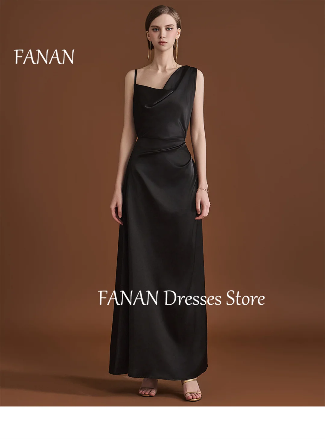 

FANAN One-Shoulder Ruched Black Evening Party Dresses Sleeveless Japan Silk Satin Sheath Women Formal Gowns Event Prom Gowns