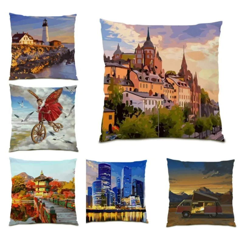 

European Style Fashion Pillowcase Decor Soft Decor Home Cojines 45x45 Famous Buildings Polyester Cushion Cover Artistic DF1839