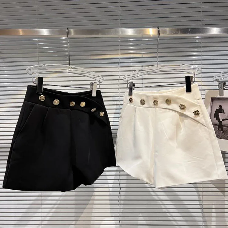 ladies shorts Vintage Elegant Spring irregular Metal Button High Waisted Shorts Women Fashion Wide Legs Loose Baggy Short Clothes birddog shorts