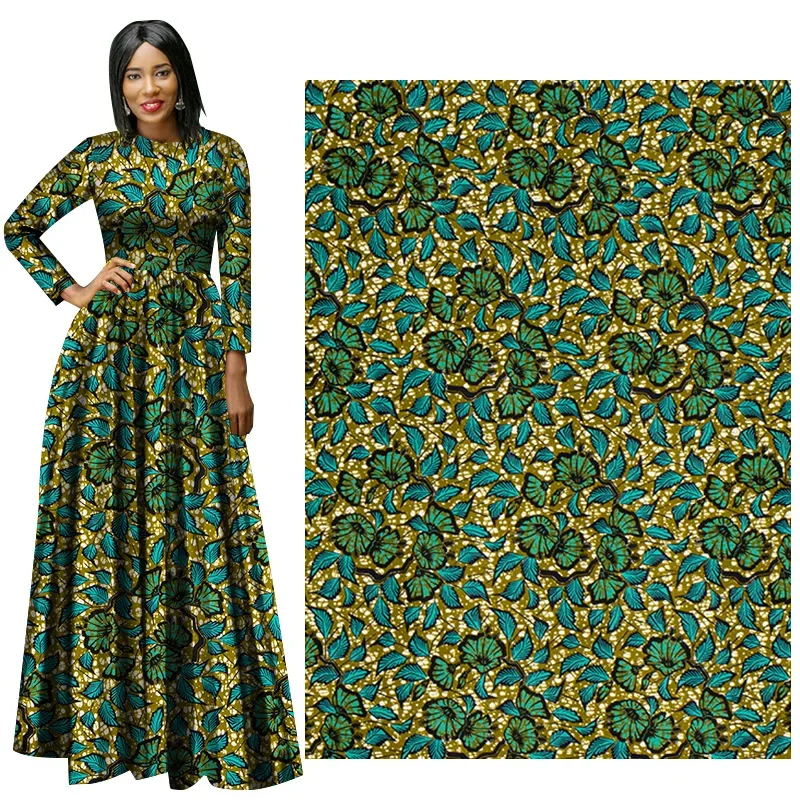 Ankara African Polyester Prints Green Flower Batik Patchwork Fabric Real Cloth Wax High Quality Africa Sewing Material 6yards