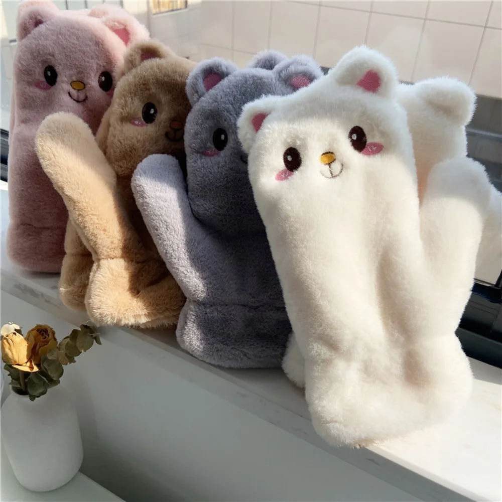 여성용 겨울 봉제 고양이 벙어리 장갑, 플러시 따뜻한 장갑, 부드러운 두꺼운 장갑, 유연한 반 손가락
