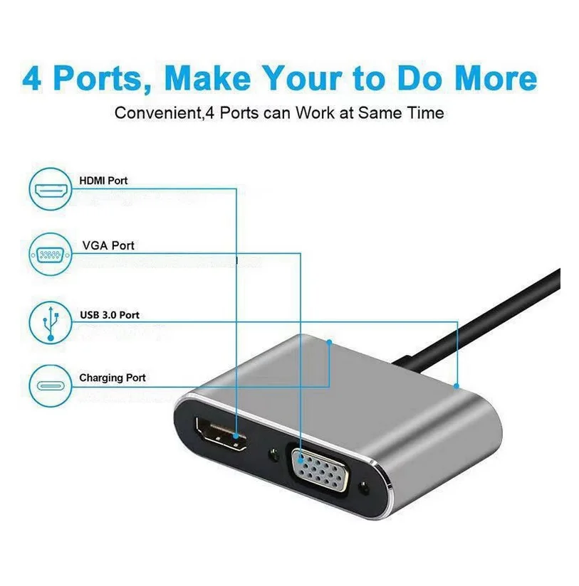 4K USB-C to HDMI/VGA Adapter with USB 3.0 Hub for Monitors, PCs, Phones, and TVs
