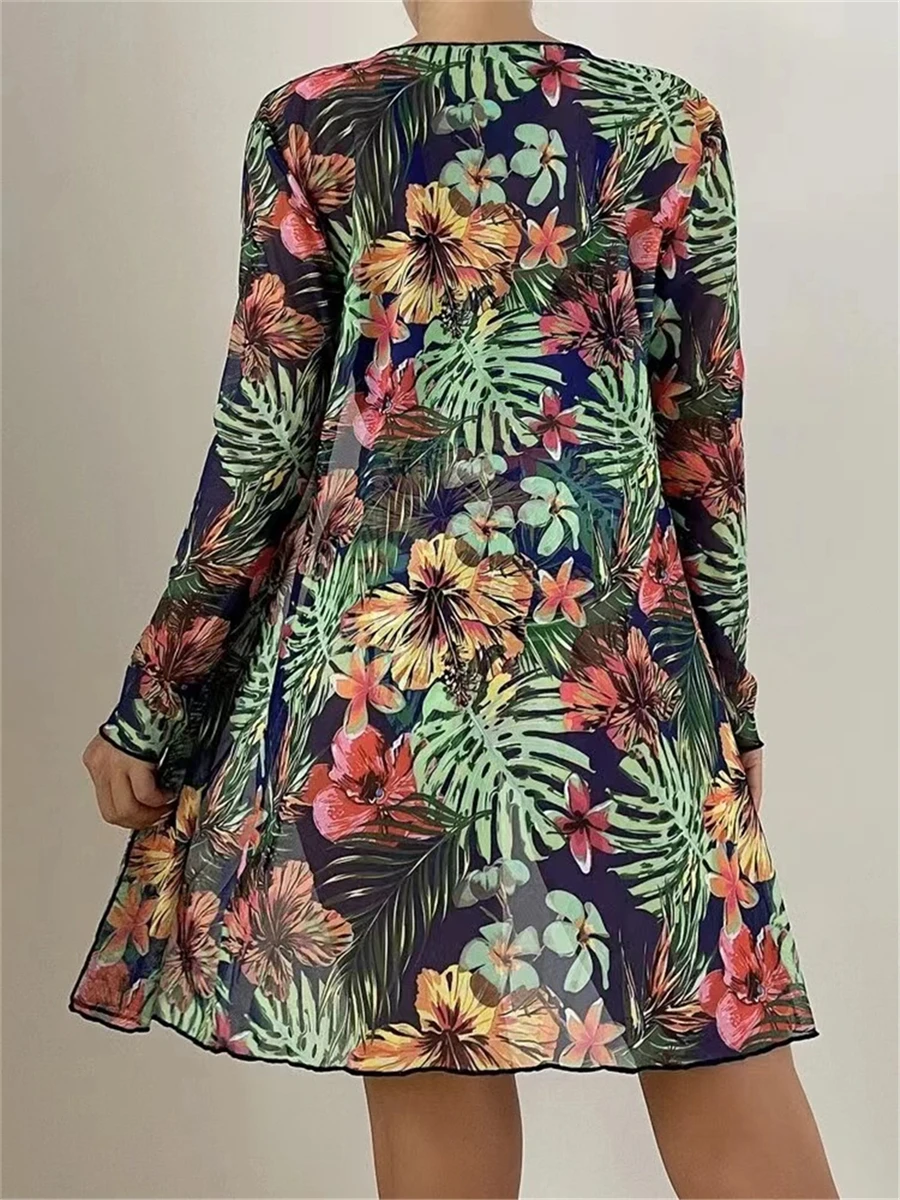 Sexy 3 Piece Bikini Set 2023 Women Cover Up Swimwear Female Tropical Printed Swimsuit Push Up Beachwear Long Sleeve Bathing Suit