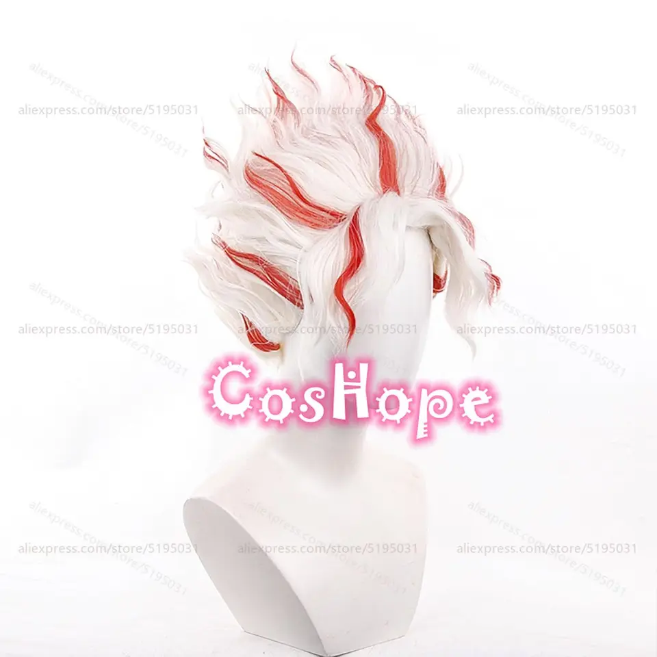 オカルン-短い縮れたコスプレウィッグ,30cm,合成,耐熱性,赤,銀