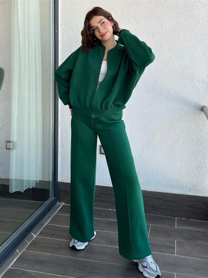 

Fashion 2 Piece Sets Womens Outfits Spring Y2K Clothes Solid Zipper Coat Top and Pants Sets Fleece Tracksuit Women Two Piece Set